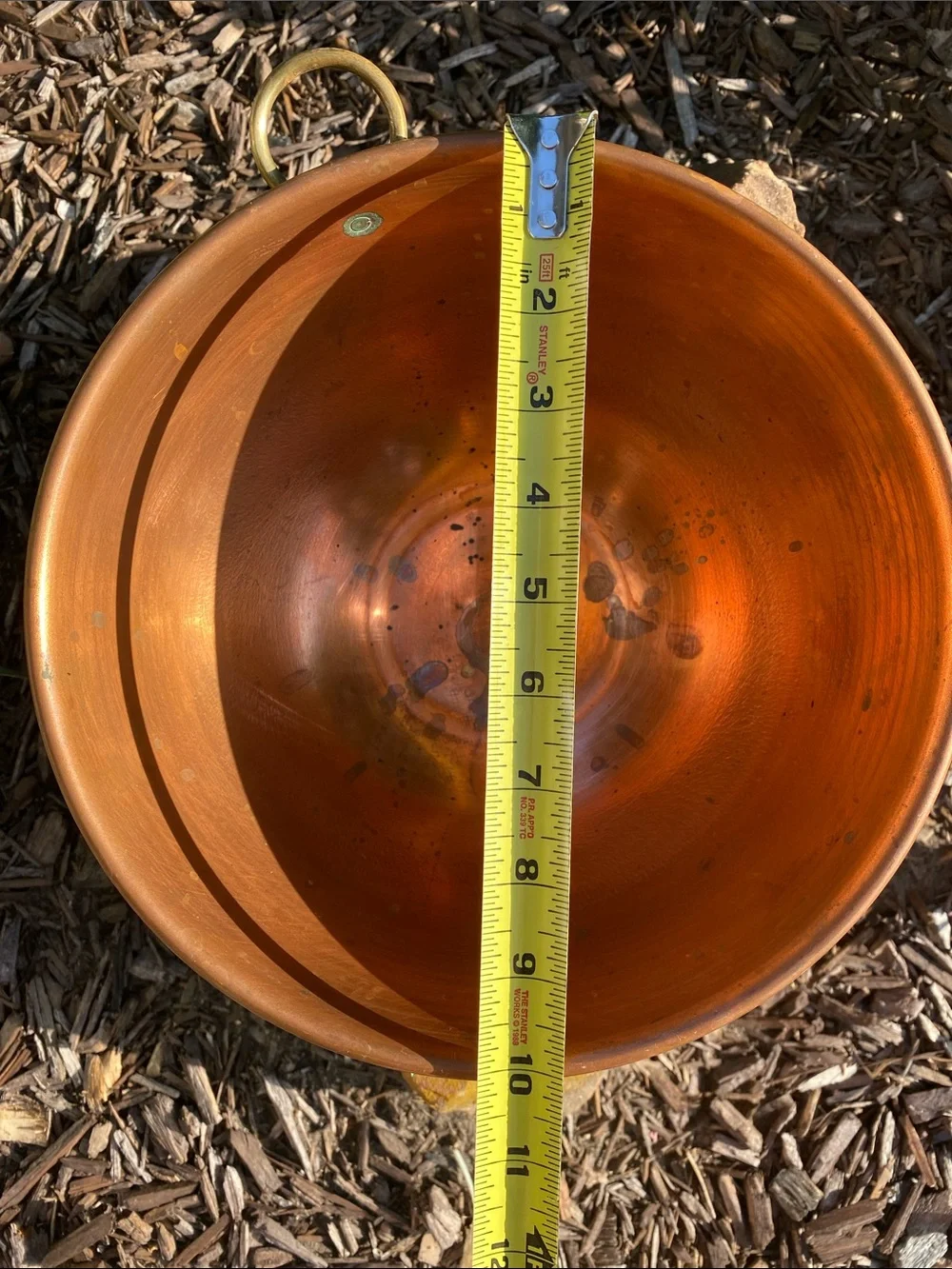 Vintage Copper 10” Mixing Bowl Rolled Edge Brass Hanging Ring